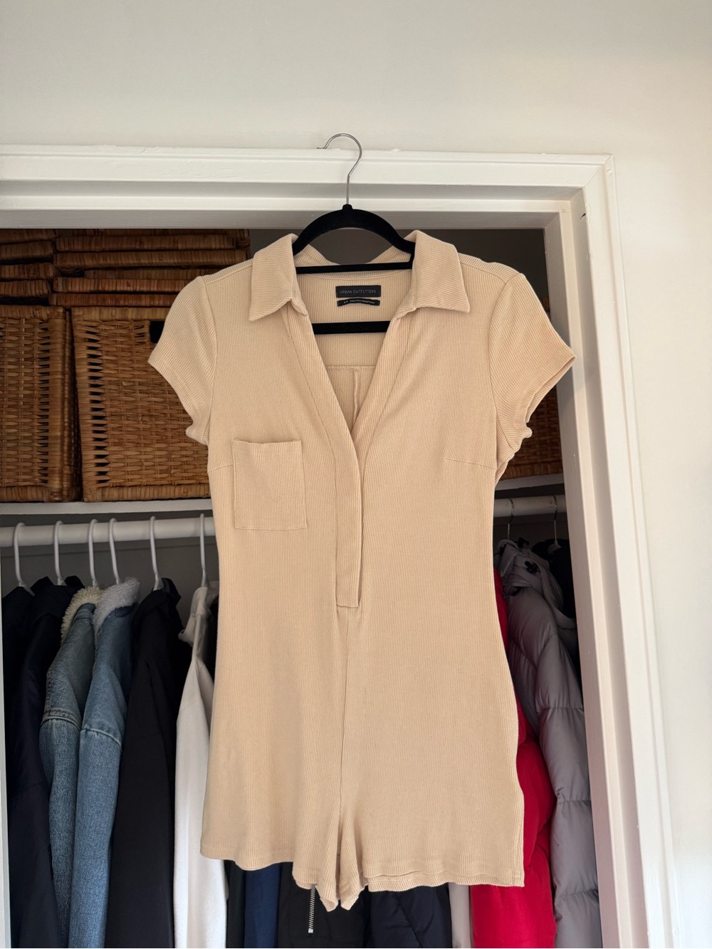 Urban Outfitters Beige Ribbed Short-Sleeve Romper